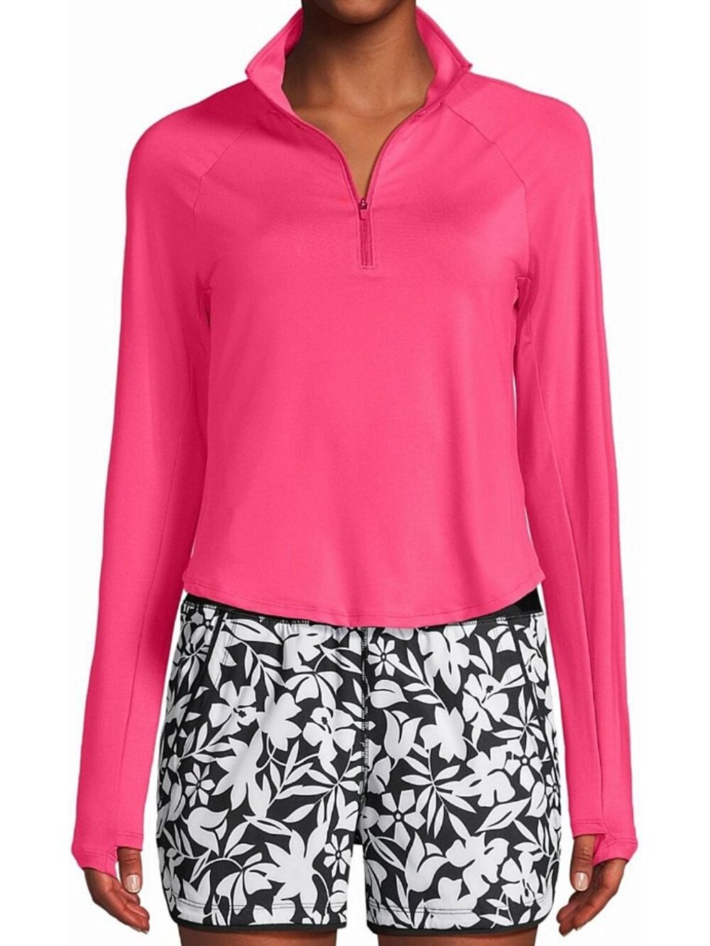 Womens Cropped Rash Guard Quarter Zip Long Sleeve Rouge Pink L Lands' End